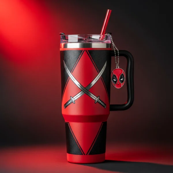 🔴 Copo Térmico Deadpool Katana Vermelha 1,15 L + Pingente Brinde