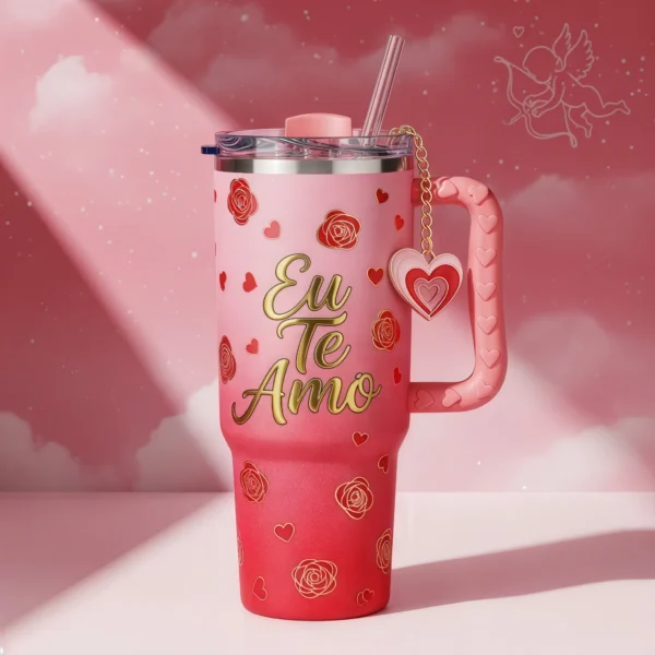 🌹 Copo Térmico Amor das Rosas 1,15 L + Pingente Brinde