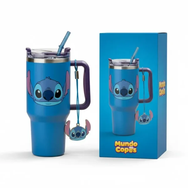 🌺 Copo Térmico Stitch Hibisco Azul 1,15 L + Pingente Brinde