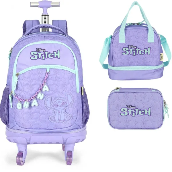 KIT Mochila Infantil Rodinhas Stitch com Lancheira e Estojo Roxo