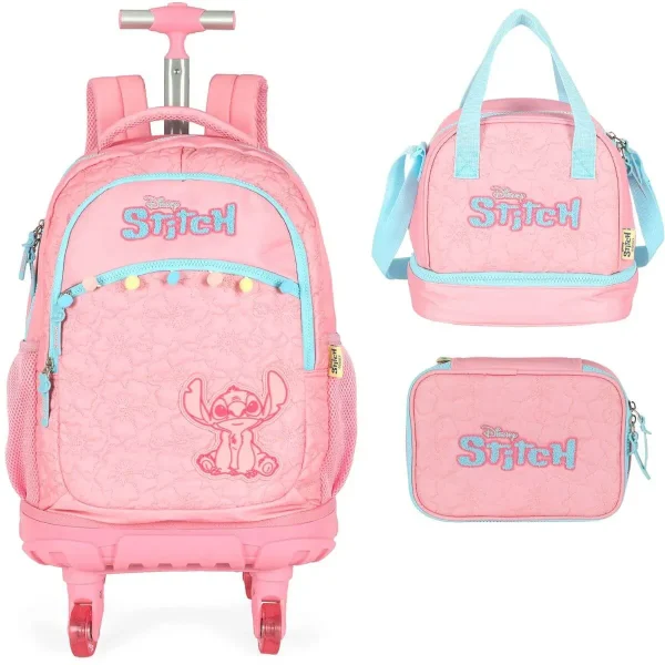 KIT Mochila Infantil Rodinhas Stitch com Lancheira e Estojo Rosa