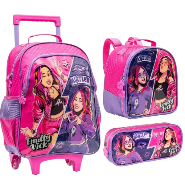 Kit Escolar Infantil Rosa Emilly Vick Katlen – Mochila + Lancheira + Estojo